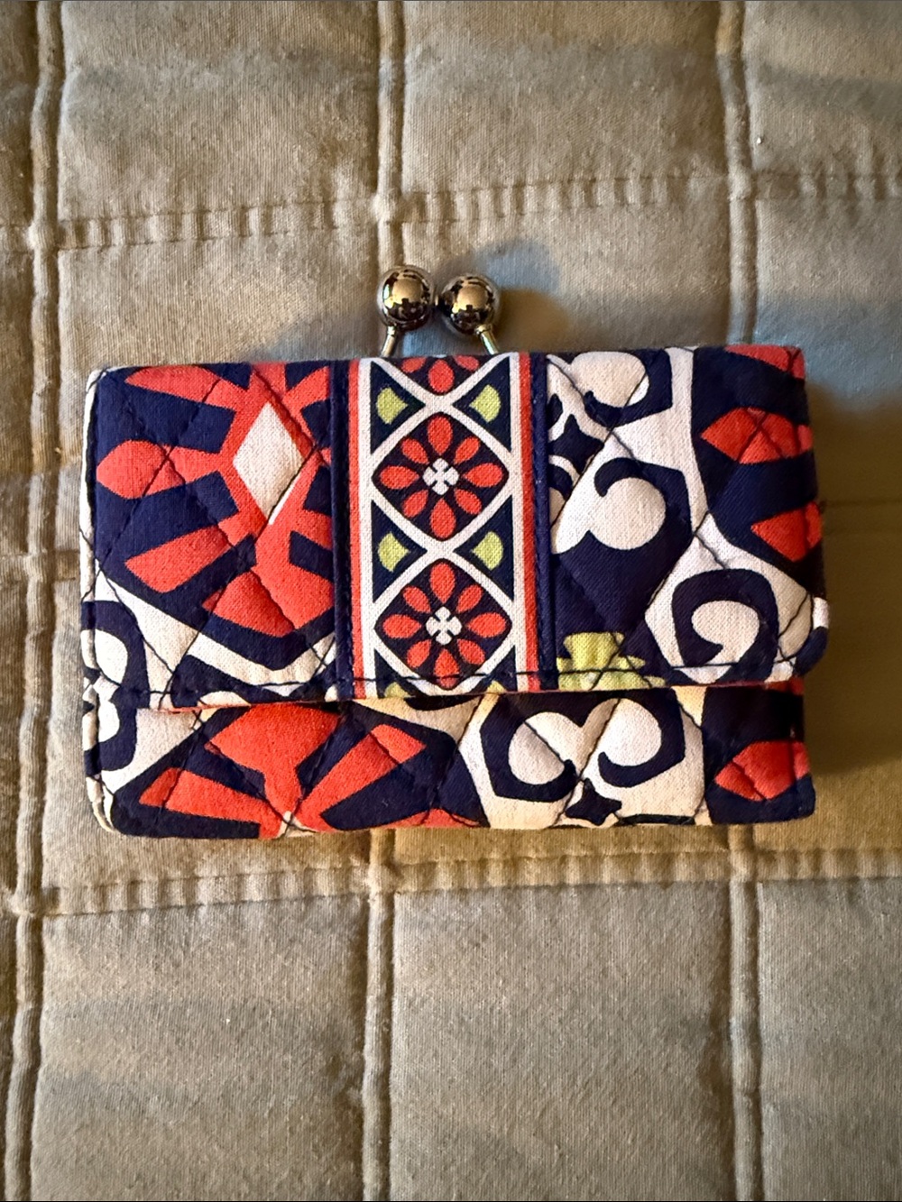 Vera Bradley Patterned Quilted Kiss-Lock Wallet - Navy, Coral & White